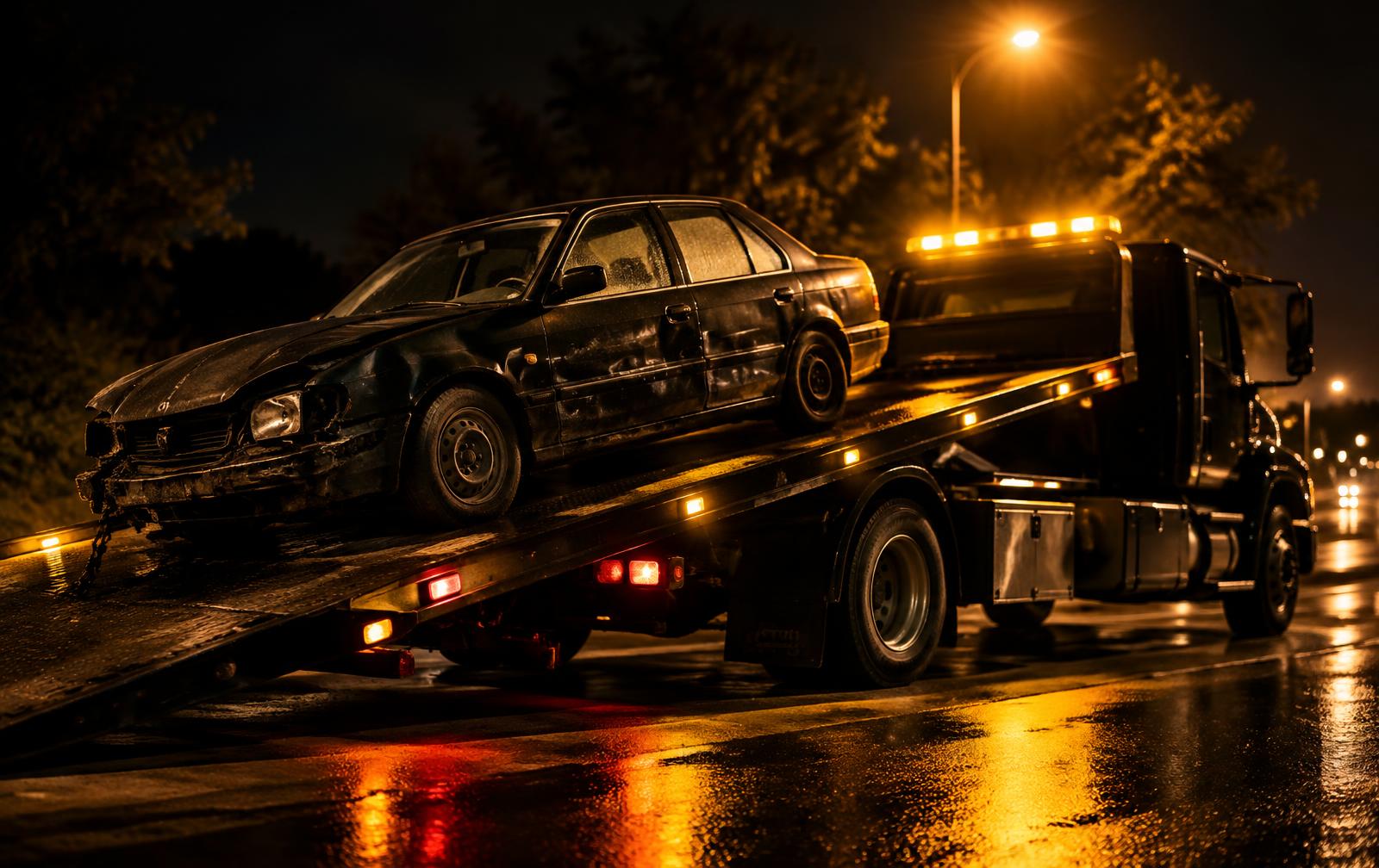Tow truck loading a junk car at night